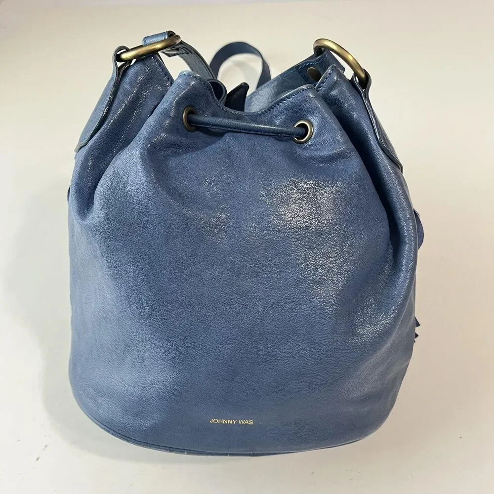 Johnny Was Leather Bucket Bag Womens Small Blue Fringe Boho Crossbody Italy Made